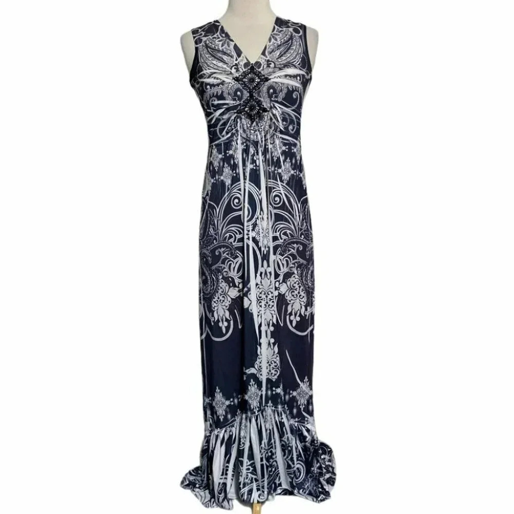 CATO XS black/white boho print v-neck sleeveless ruffle hem‎ maxi dress